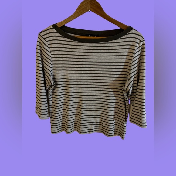 LAUREN RALPH LAUREN SWEATER TOP 3/4 SLEEVE‎ BEIGE WITH STRIPES OLIVE GREEN L - Picture 3 of 16